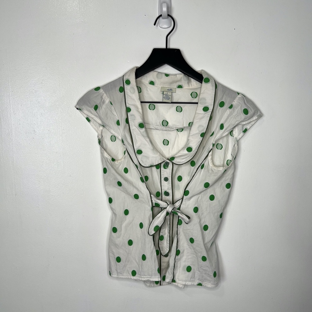 Odille White Short Sleeve Polka Dot Tie-Front Top with Green Dots